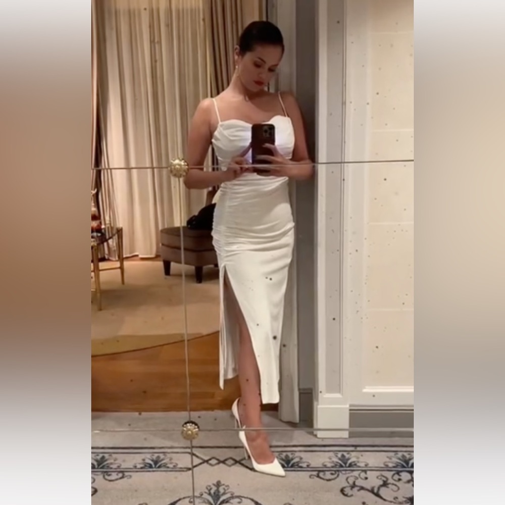 Selena Gomez Zara Draped Midi Dress White
